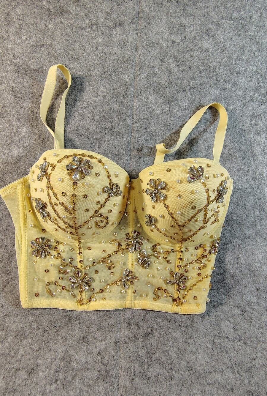 Lace Mesh Corset Bustier Top with faux pearls and rhinestones Size S